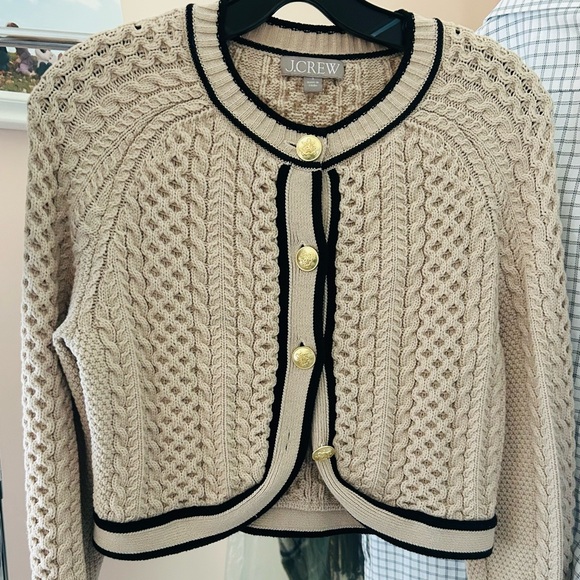 J. Crew Beige Cable Knit Cardigan with Black Trim - Picture 1 of 3